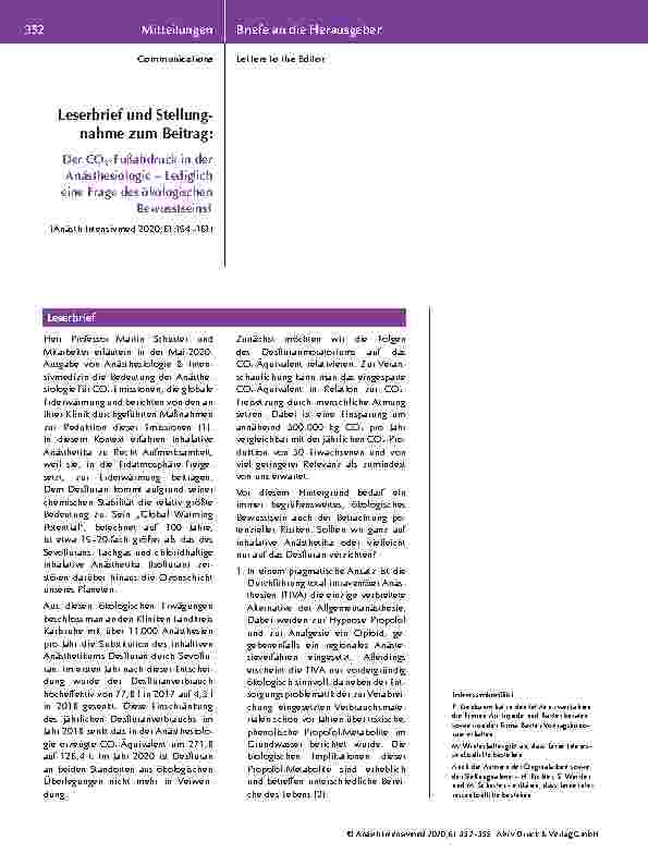 Vorschauseite 1: Leserbrief und Stellungnahme zum Beitrag: Der CO2-Fußabdruck in der Anästhesiologie – Lediglich eine Frage des ökologischen Bewusstseins?