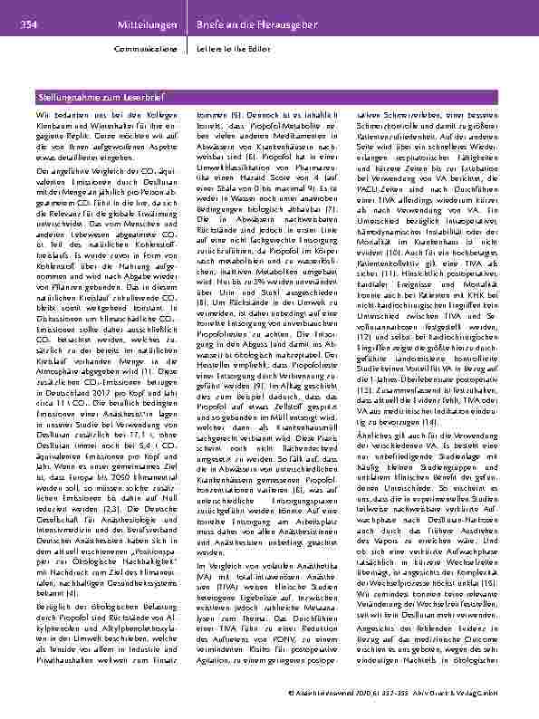 Vorschauseite 3: Leserbrief und Stellungnahme zum Beitrag: Der CO2-Fußabdruck in der Anästhesiologie – Lediglich eine Frage des ökologischen Bewusstseins?