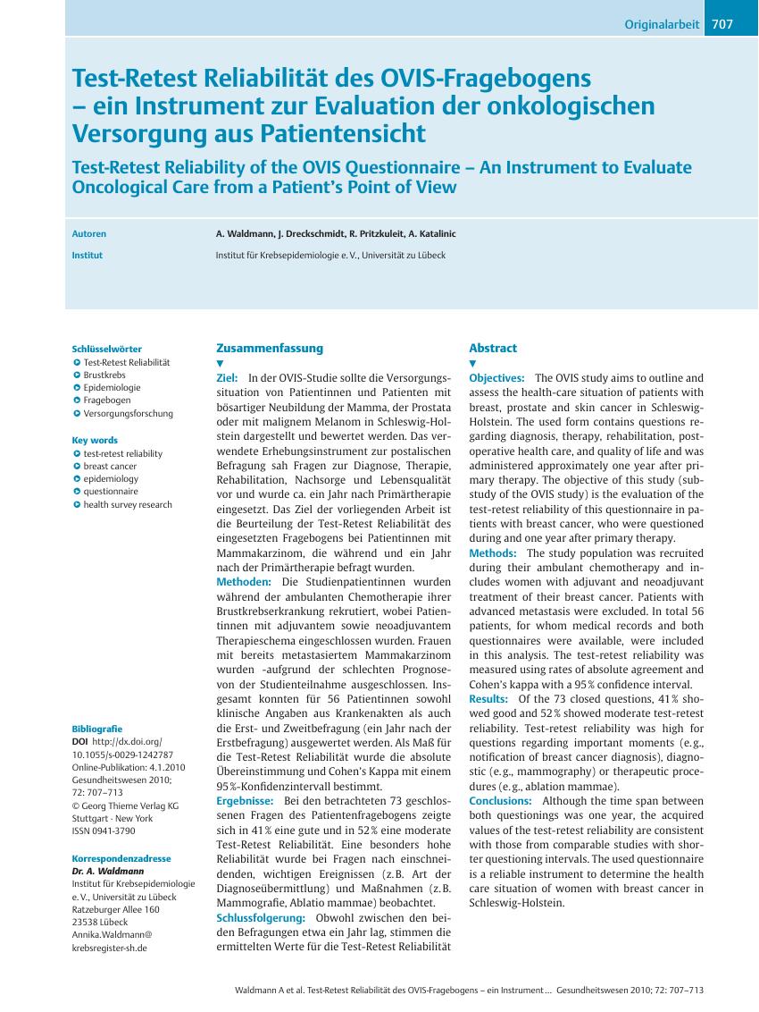 Vorschauseite 1: Test-Retest Reliabilität des OVIS-Fragebogens – ein Instrument zur Evaluation der onkologischen Versorgung aus Patientensicht