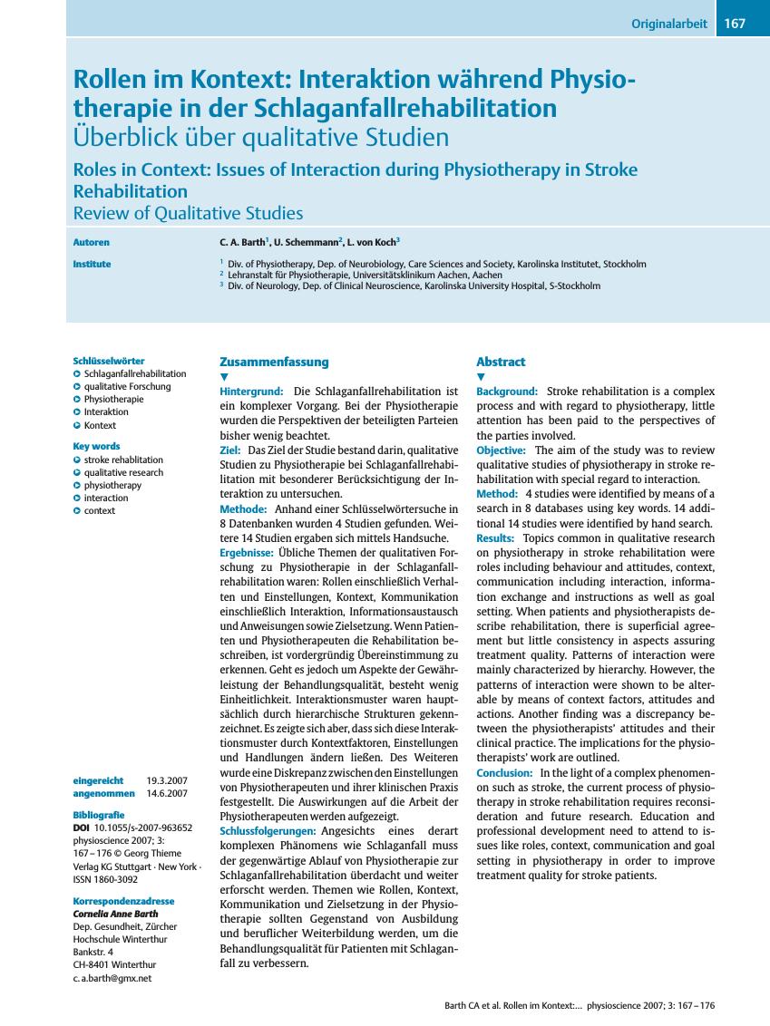 Vorschauseite 1: Rollen im Kontext: Interaktion während Physiotherapie in der Schlaganfallrehabilitation