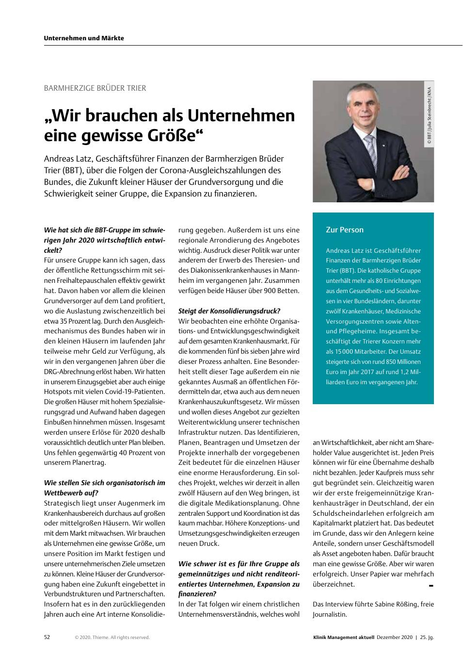Vorschauseite 1: Barmherzige Brüder Trier: "Wir brauchen als Unternehmen eine gewisse Größe"