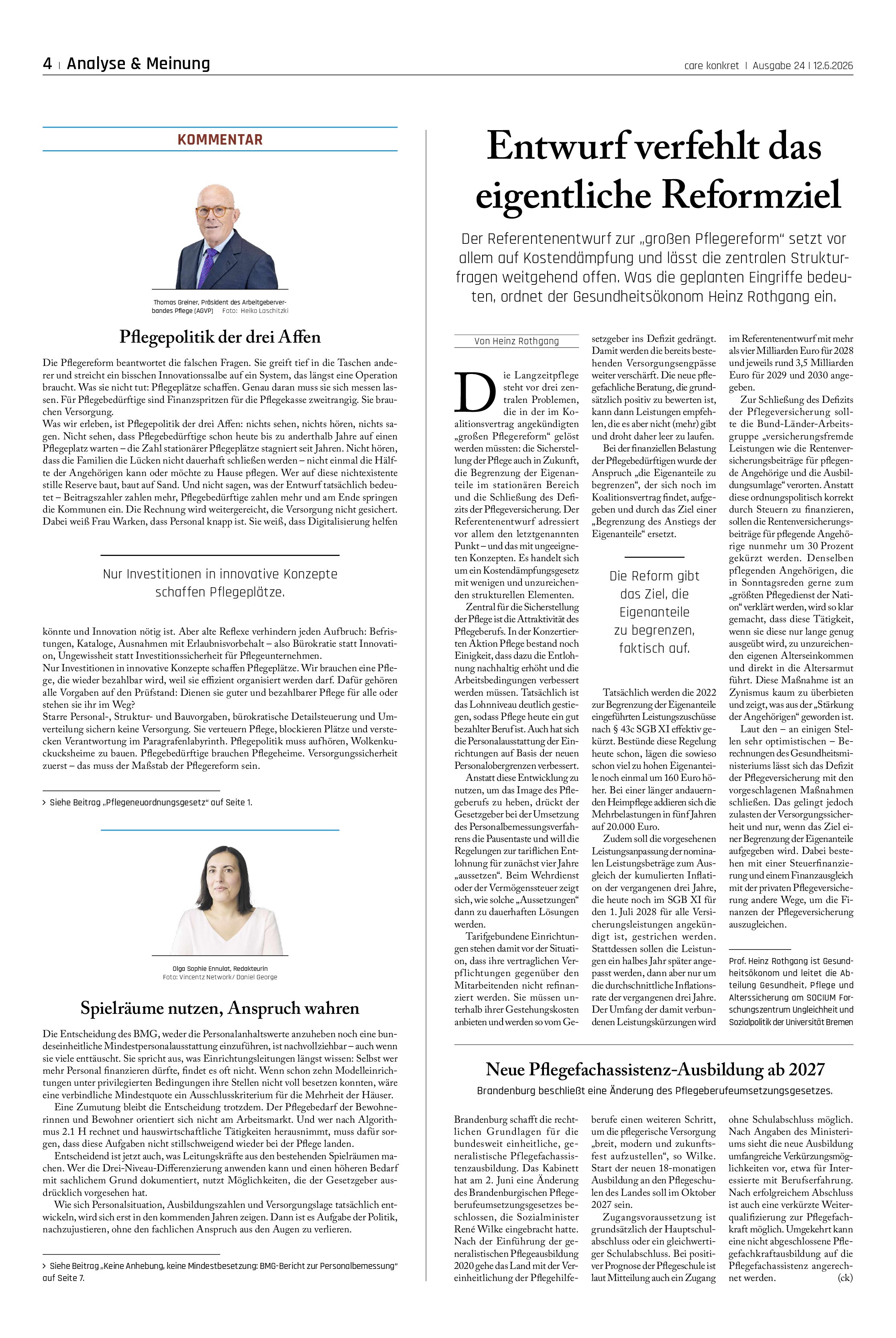 Vorschauseite 1: Entwurf verfehlt das eigentliche Reformziel