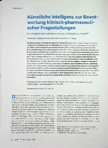 Vorschauseite 1: Künstliche Intelligenz zur Beantwortung klinisch-pharmazeutischer Fragestellungen