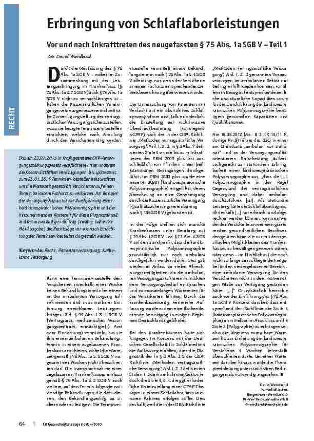 Vorschauseite 1: Erbringung von Schlaflaborleistungen vor und nach Inkrafttreten des neugefassten § 75 Abs. 1a SGB V – Teil 1