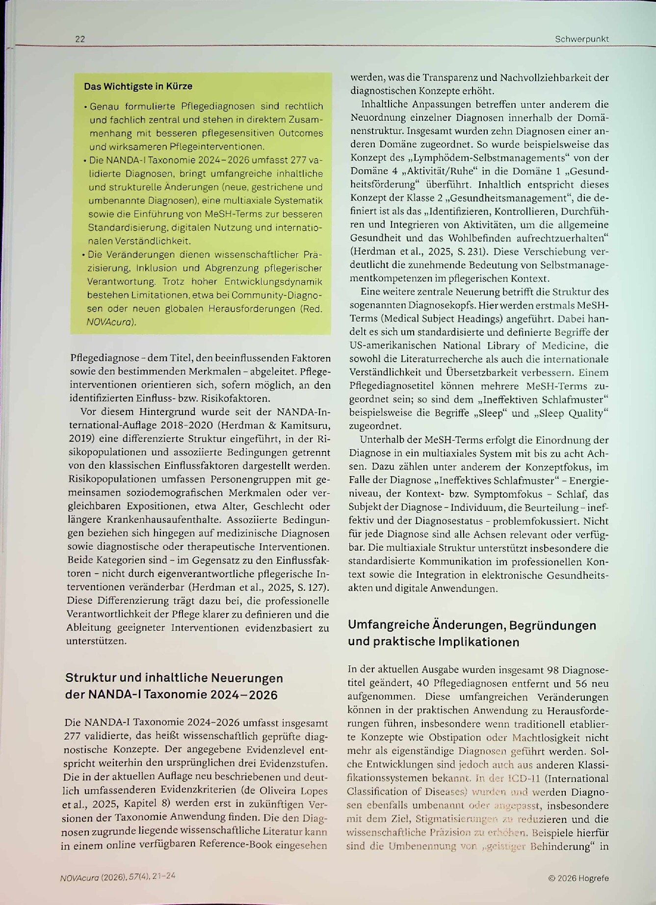 Vorschauseite 2: Von der Diagnose zur Wirkung. Aktuelle Entwicklungen der NANDA-I Taxonomie 2024-2026