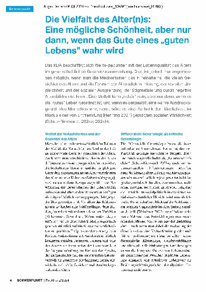 Vorschauseite 1: Die Vielfalt des Alterns: Eine mögliche Schönheit, aber nur dann, wenn das Gute eines „guten Lebens“ wahr wird.