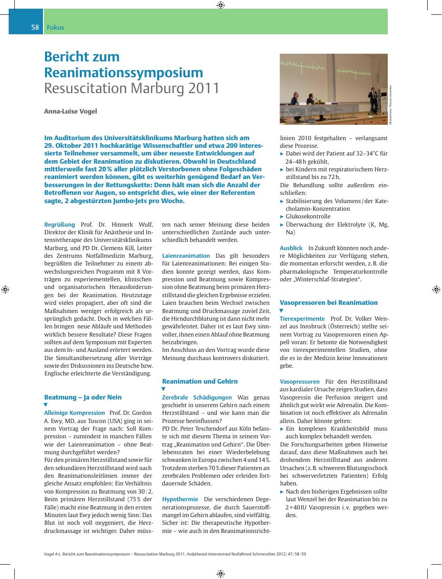 Vorschauseite 1: Bericht zum Reanimationssymposium – Resuscitation Marburg 2011