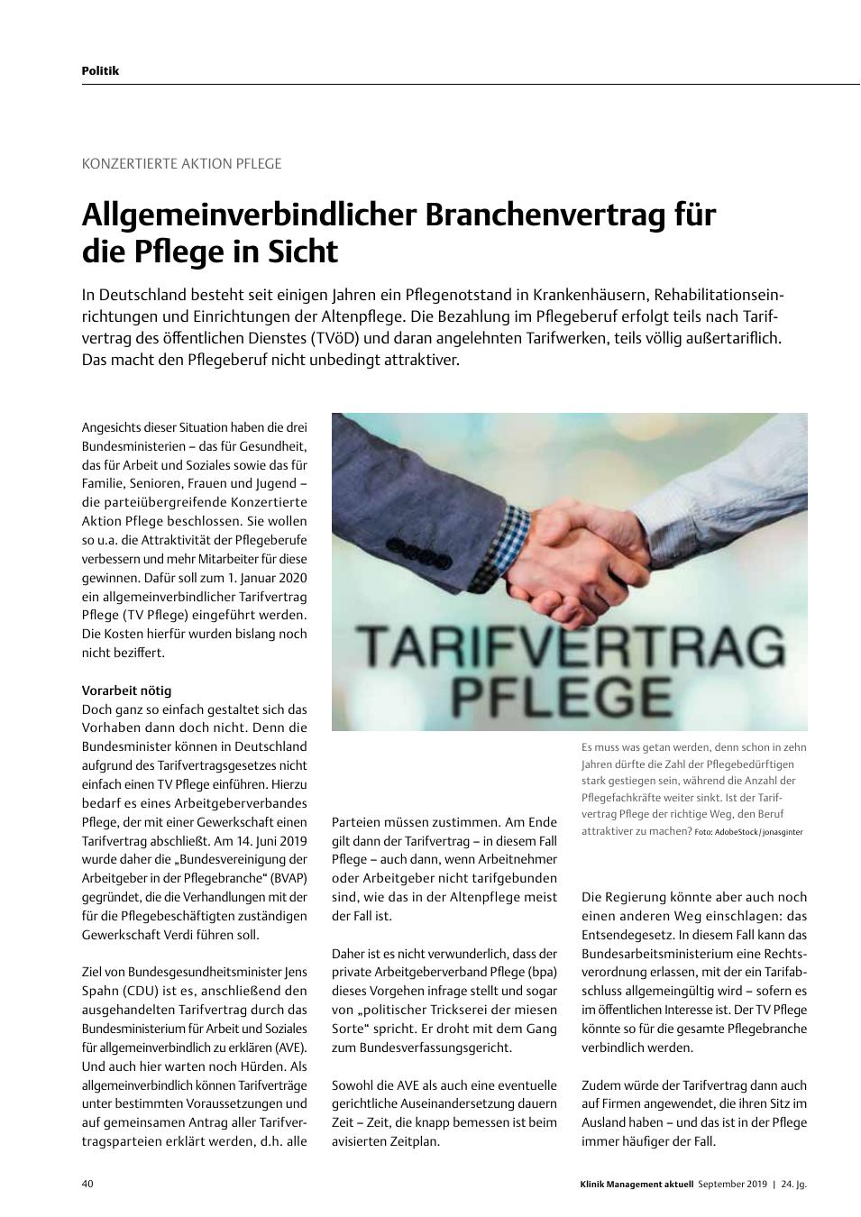 Vorschauseite 1: Konzertierte Aktion Pflege: Allgemeinverbindlicher Branchenvertrag für die Pflege in Sicht