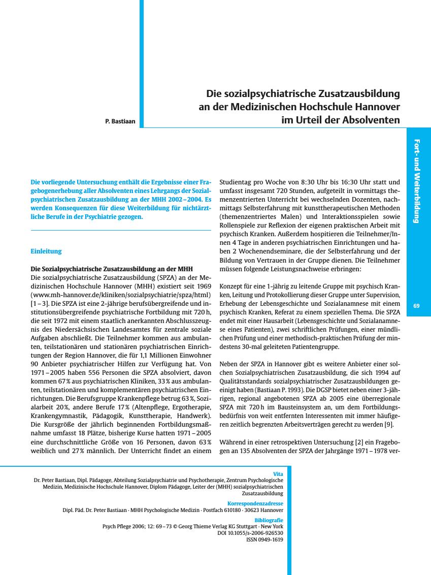 Vorschauseite 1: Die sozialpsychiatrische Zusatzausbildung an der Medizinischen Hochschule Hannover im Urteil der Absolventen
