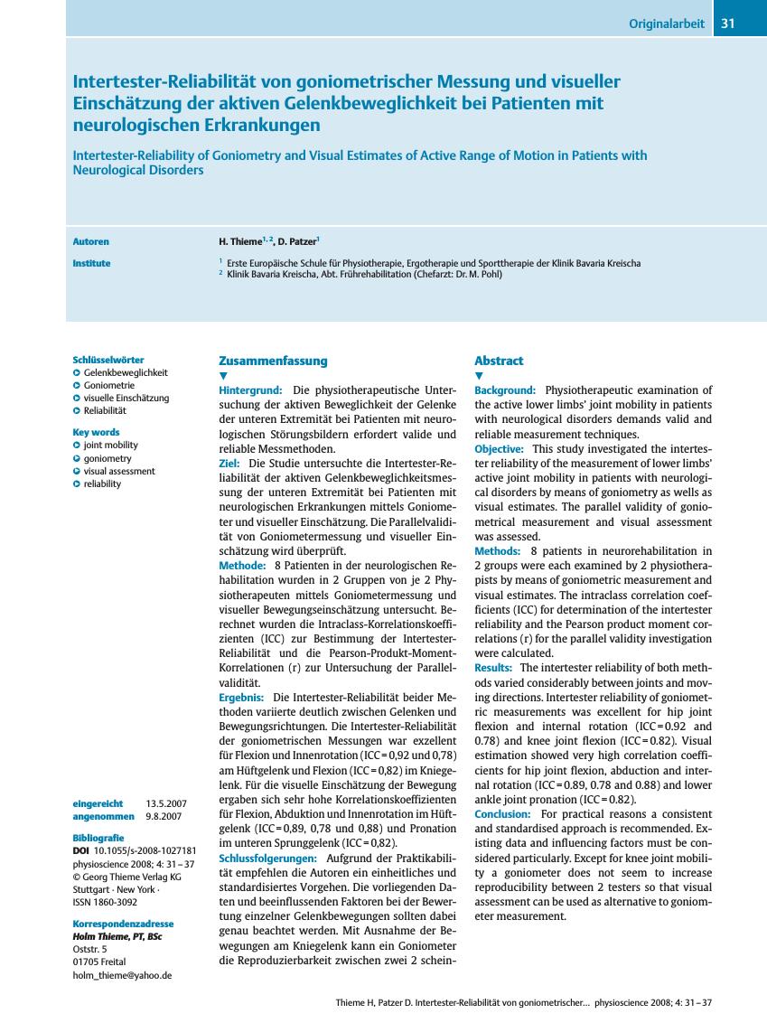 Vorschauseite 1: Intertester-Reliabilität von goniometrischer Messung und visueller Einschätzung der aktiven Gelenkbeweglichkeit bei Patienten mit neurologischen Erkrankungen