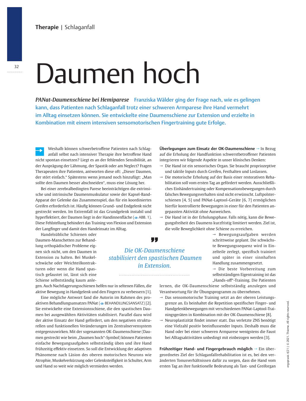 Vorschauseite 1: Daumen hoch! PANat-Daumenschiene bei Hemiparese.