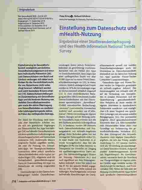 Vorschauseite 1: Einstellung zum Datenschutz und mHealth-Nutzung: Ergebnisse einer Studierendenbefragung und des Health Information National Trends Survey