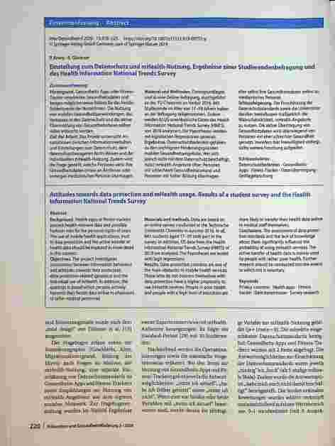 Vorschauseite 3: Einstellung zum Datenschutz und mHealth-Nutzung: Ergebnisse einer Studierendenbefragung und des Health Information National Trends Survey