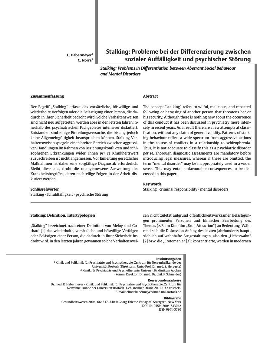 Vorschauseite 1: Stalking: Probleme bei der Differenzierung zwischen sozialer Auffälligkeit und psychischer Störung