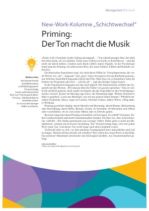 Vorschauseite 1: New-Work-Kolumne „Schichtwechsel“ Priming: Der Ton macht die Musik