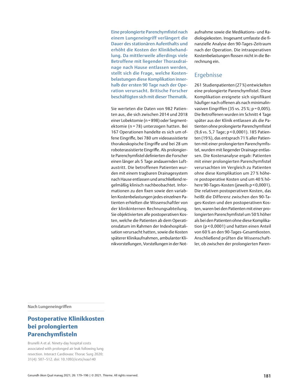 Vorschauseite 1: Nach Lungenoperationen - Postoperative Klinikkosten bei prolongierten Parenchymfisteln