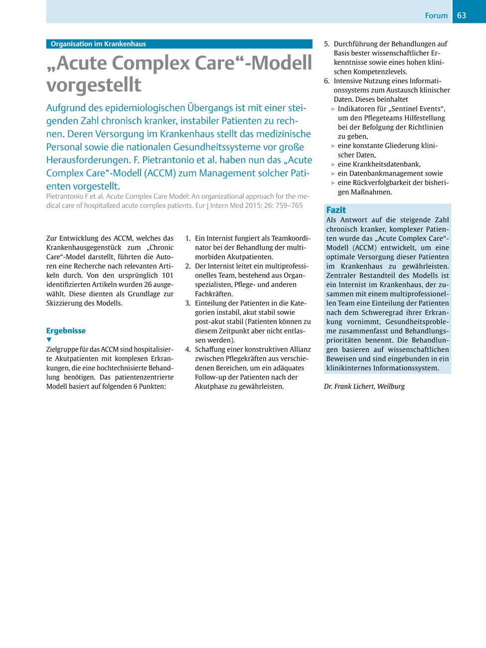 Vorschauseite 1: Organisation im Krankenhaus ? ?Acute Complex Care?-Modell vorgestellt