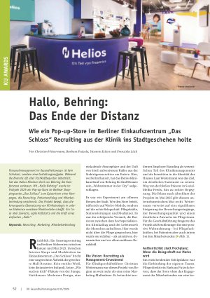 Vorschauseite 1: Hallo, Behring: Das Ende der Distanz. Wie ein Pop-up-Store im Berliner Einkaufszentrum „Das Schloss“ Recruiting aus der Klinik ins Stadtgeschehen holte
