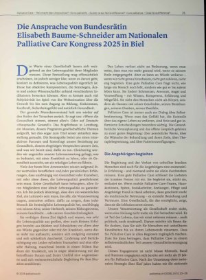 Vorschauseite 1: Die Ansprache von Bundesrätin Elisabeth Baume-Schneider am Nationalen Palliative Care Kongress 2025 in Biel