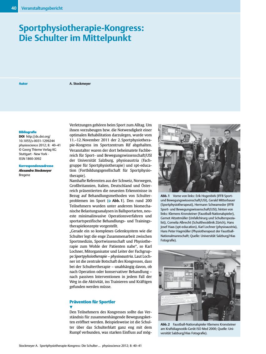 Vorschauseite 1: Sportphysiotherapie-Kongress: Die Schulter im Mittelpunkt