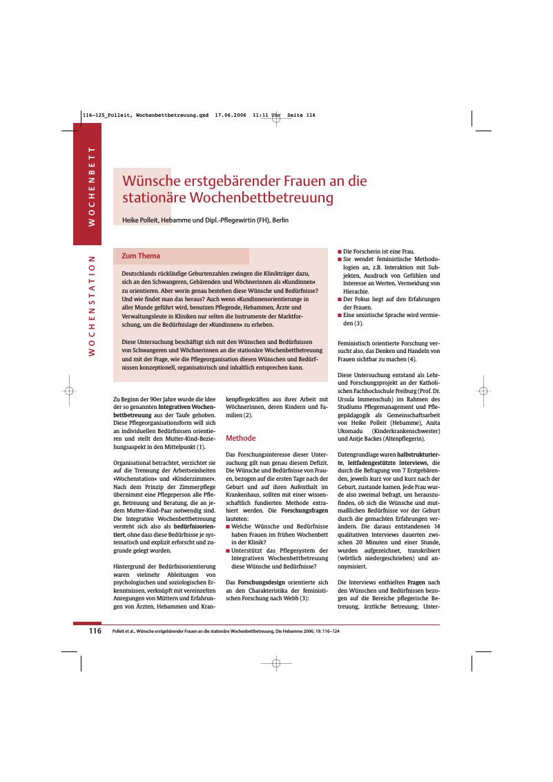 Vorschauseite 1: Wünsche erstgebärender Frauen an die stationäre Wochenbettbetreuung