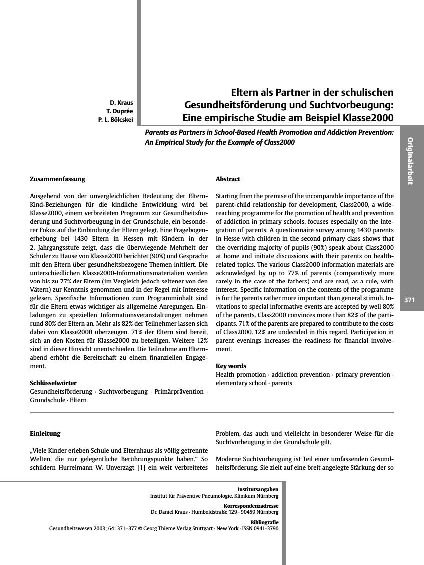Vorschauseite 1: Eltern als Partner in der schulischen Gesundheitsförderung und Suchtvorbeugung: Eine empirische Studie am Beispiel Klasse2000