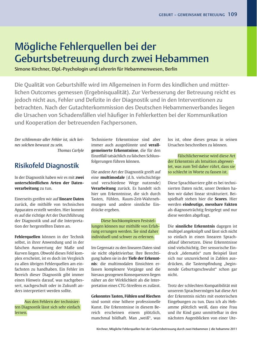 Vorschauseite 1: Mögliche Fehlerquellen bei der Geburtsbetreuung durch zwei Hebammen