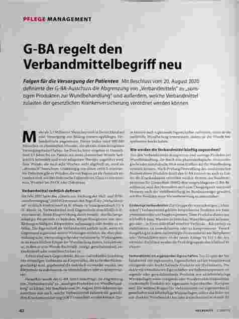 Vorschauseite 1: G-BA regelt den Verbandmittelbegriff neu.