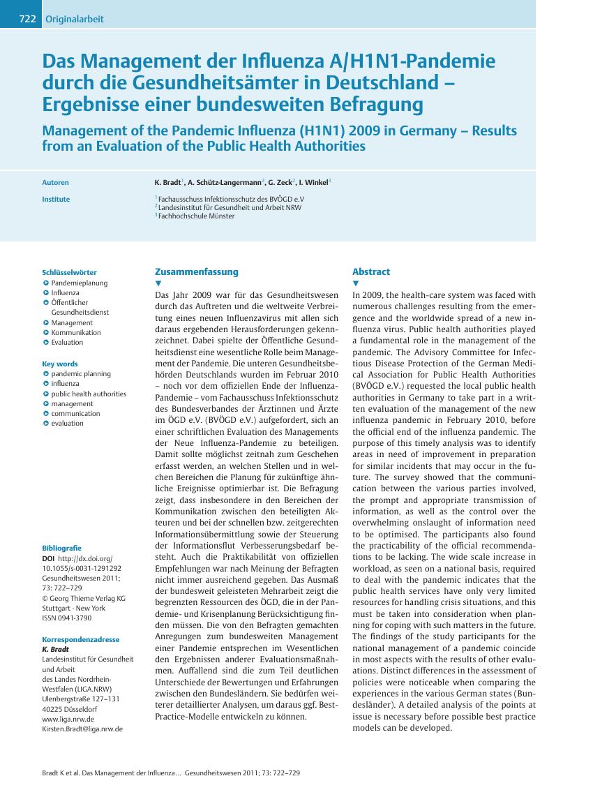 Vorschauseite 1: Das Management der Influenza A/H1N1-Pandemie durch die Gesundheitsämter in Deutschland – Ergebnisse einer bundesweiten Befragung