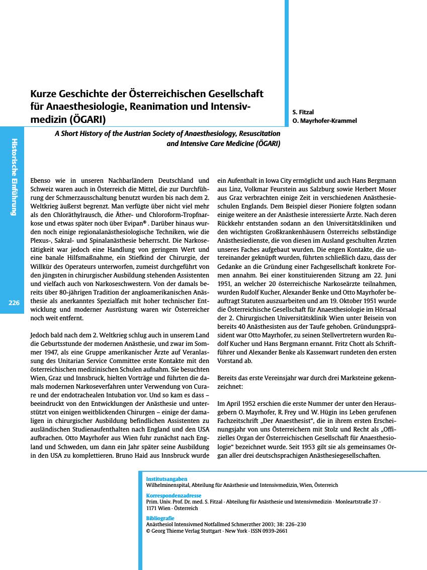 Vorschauseite 1: Kurze Geschichte der Österreichischen Gesellschaft für Anaesthesiologie, Reanimation und Intensivmedizin (ÖGARI)
