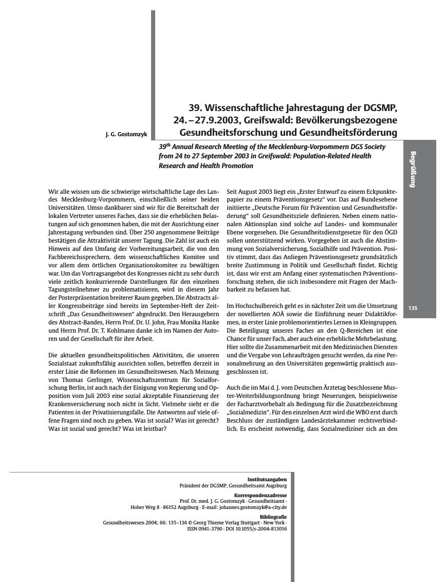 Vorschauseite 1: 39. Wissenschaftliche Jahrestagung der DGSMP, 24. - 27.9.2003, Greifswald: Bevölkerungsbezogene Gesundheitsforschung und Gesundheitsförderung