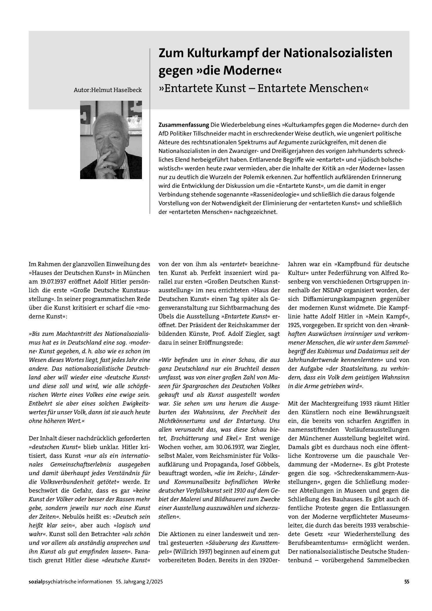 Vorschauseite 1: Zum Kulturkampf der Nationalsozialisten gegen »die Moderne« »Entartete Kunst – Entartete Menschen«