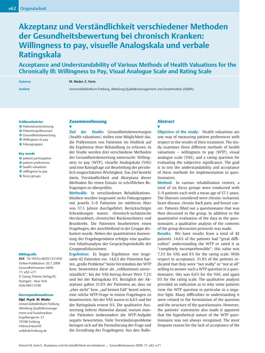 Vorschauseite 1: Akzeptanz und Verständlichkeit verschiedener Methoden der Gesundheitsbewertung bei chronisch Kranken: Willingness to pay, visuelle Analogskala und verbale Ratingskala
