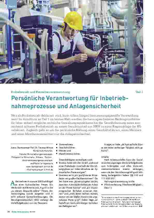 Vorschauseite 1: Probebetrieb und Betreiberverantwortung Teil 2 Persönliche Verantwortung für Inbetriebnahme-Prozesse und Anlagensicherheit