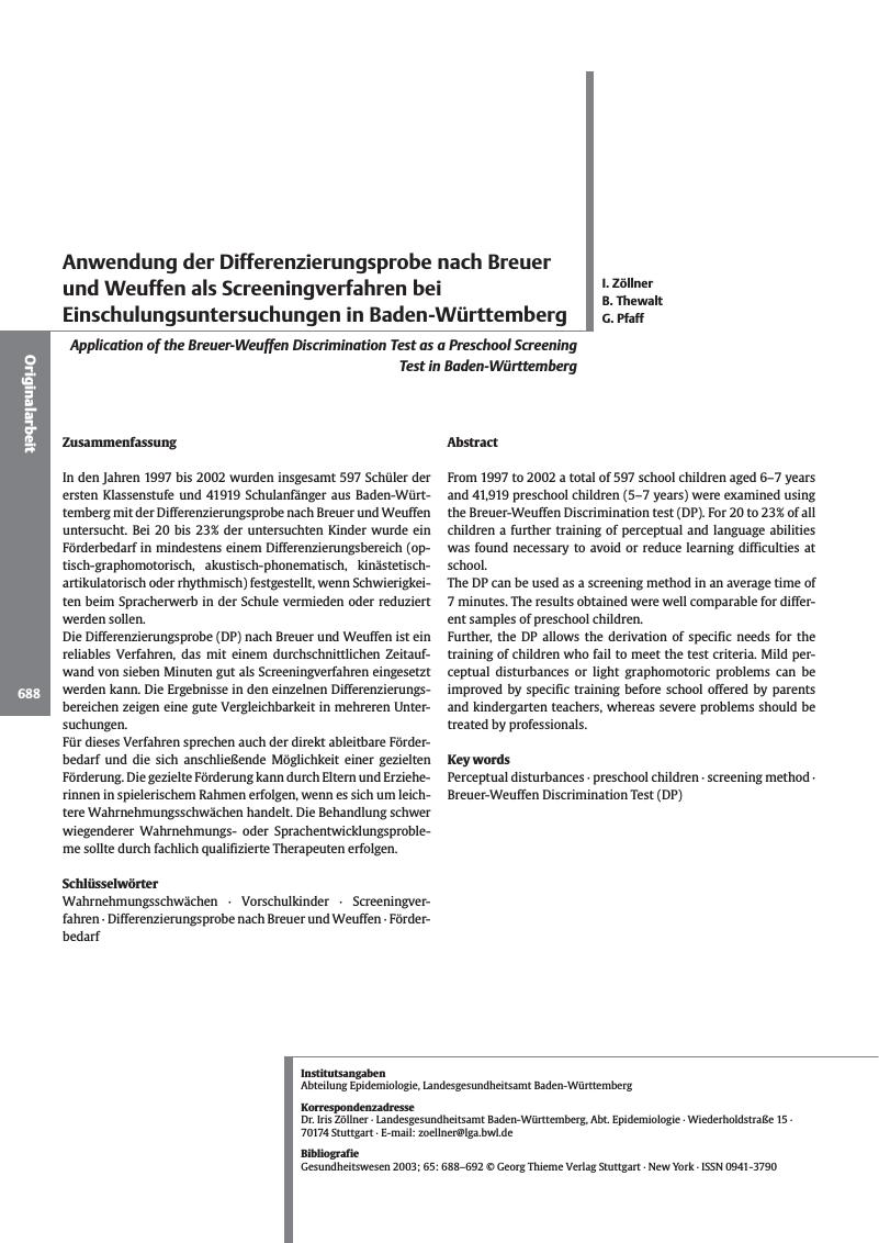 Vorschauseite 1: Anwendung der Differenzierungsprobe nach Breuer und Weuffen als Screeningverfahren bei Einschulungsuntersuchungen in Baden-Württemberg