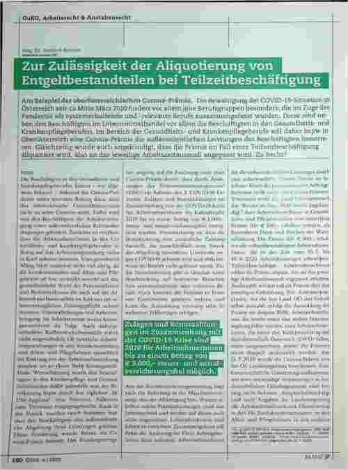 Vorschauseite 1: Zur Zulässigkeit der Aliquotierung von Entgeltbestandteilen bei Teilzeitbeschäftigung