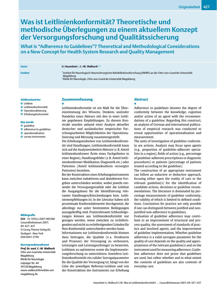 Vorschauseite 1: Was ist Leitlinienkonformität? Theoretische und methodische Überlegungen zu einem aktuellem Konzept der Versorgungsforschung und Qualitätssicherung