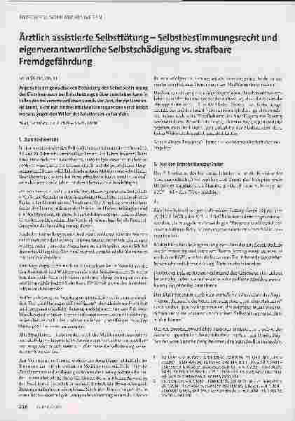 Vorschauseite 1: Ärztlich assistierte Selbsttötung-Selbstbestimmungsrecht und eigenverantwortliche Selbstschädigung vs. strafbare Fremdgefährdung