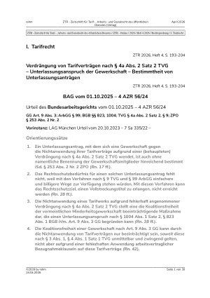Vorschauseite 1: I. Tarifrecht. Verdrängung von Tarifverträgen nach § 4a Abs. 2 Satz 2 TVG – Unterlassungsanspruch der Gewerkschaft – Bestimmtheit von Unterlassungsanträgen