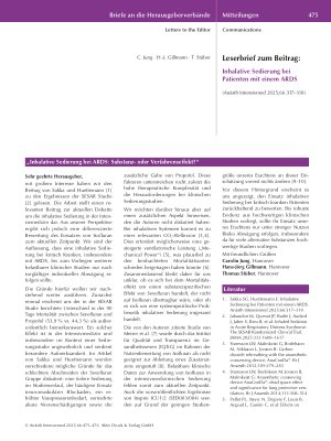 Vorschauseite 1: Leserbrief zum Beitrag: Inhalative Sedierung bei Patienten mit einem ARDS