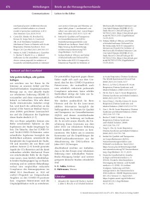 Vorschauseite 2: Leserbrief zum Beitrag: Inhalative Sedierung bei Patienten mit einem ARDS