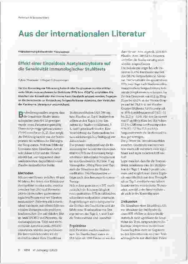 Vorschauseite 1: Effekt einer Einzeldosis Acetylsalicylsäure auf die Sensitivität immunologischer Stuhltests
