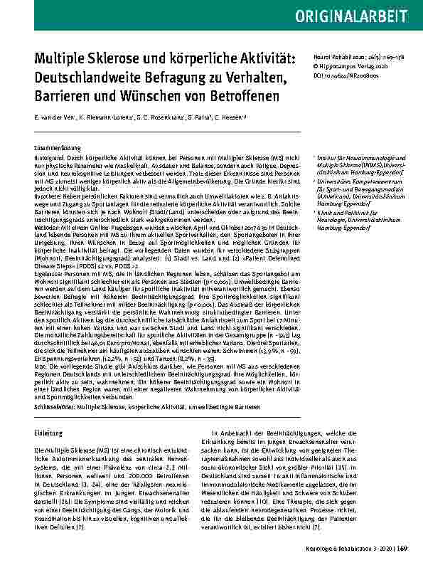Vorschauseite 1: Multiple Sklerose und körperliche Aktivität: Deutschlandweite Befragung zu Verhalten, Barrieren und Wünschen von Betroffenen