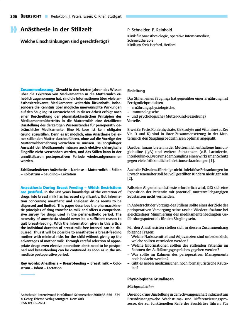 Vorschauseite 1: Anästhesie in der Stillzeit