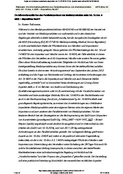 Vorschauseite 1: Die Informationspflichten des Parallelimporteurs von Medizinprodukten unter Art. 16 Abs. 4 MDR – dispositives Recht?