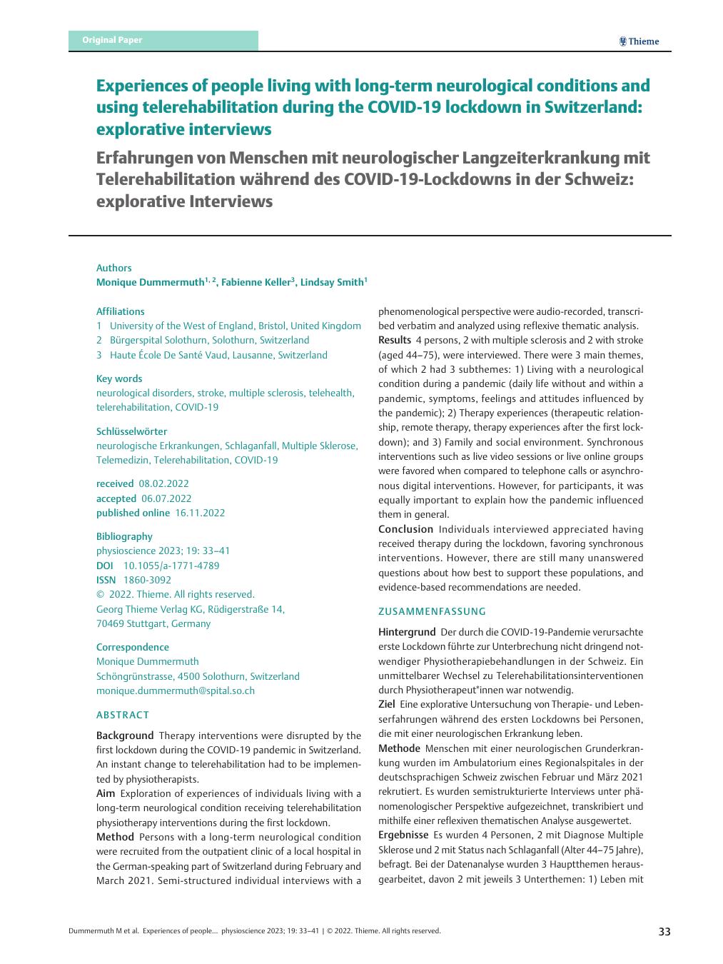 Vorschauseite 1: Experiences of people living with long-term neurological conditions and using telerehabilitation during the COVID-19 lockdown in Switzerland: explorative interviews