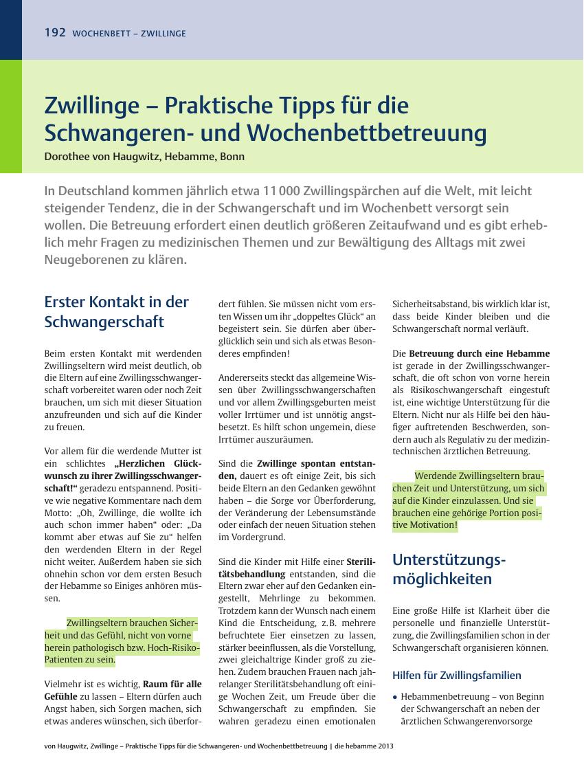 Vorschauseite 1: Zwillinge – Praktische Tipps für die Schwangerenund Wochenbettbetreuung