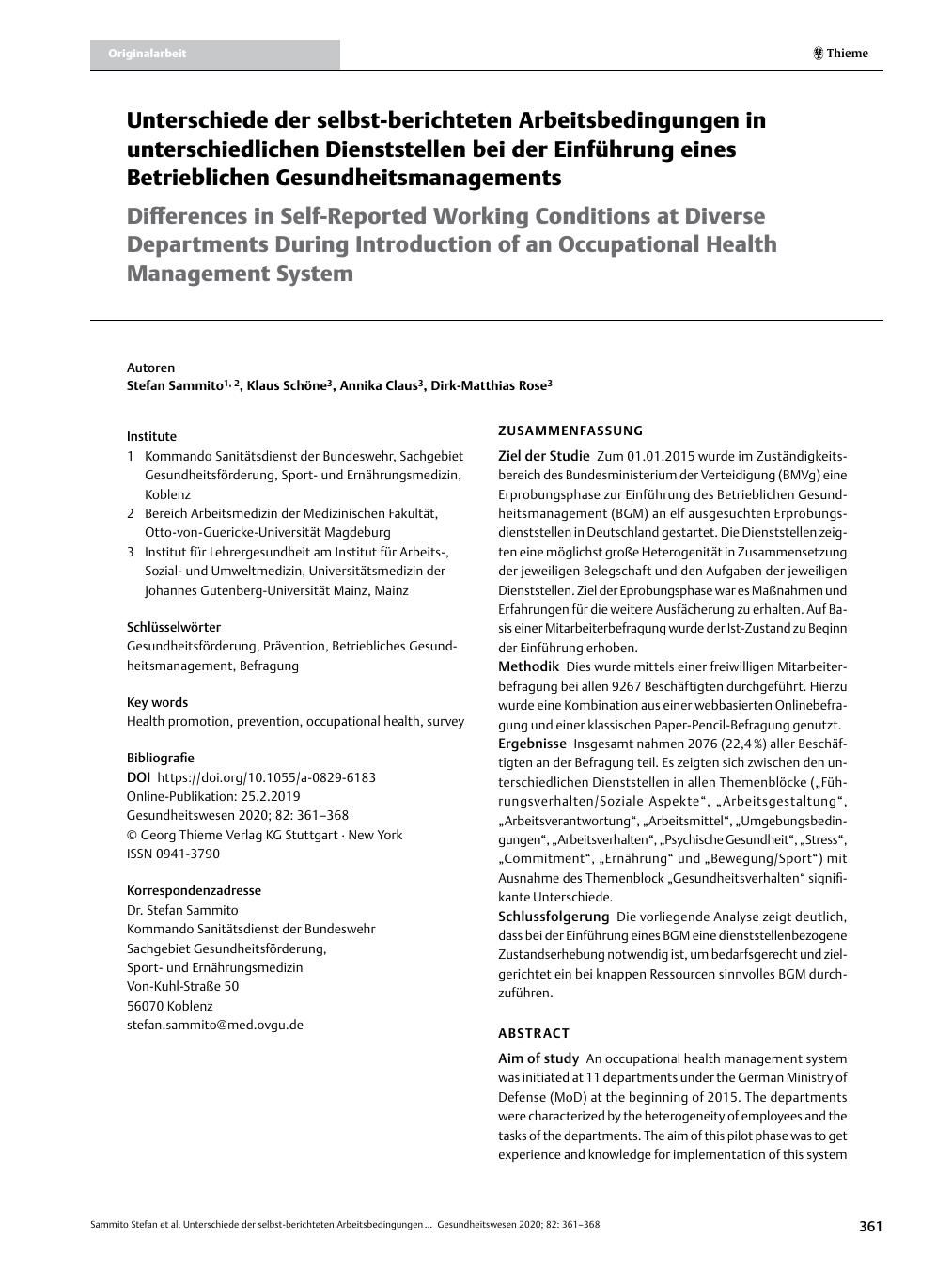 Vorschauseite 1: Unterschiede der selbst-berichteten Arbeitsbedingungen in unterschiedlichen Dienststellen bei der Einführung eines Betrieblichen Gesundheitsmanagements