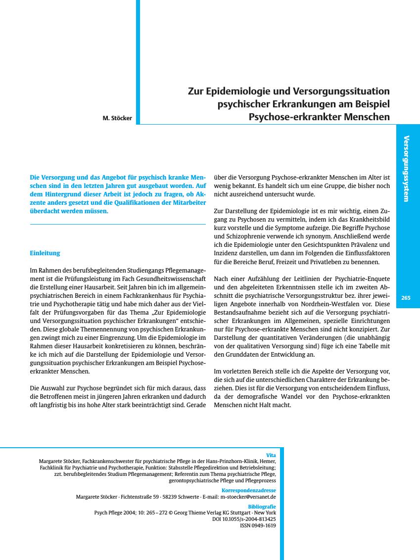 Vorschauseite 1: Zur Epidemiologie und Versorgungssituation psychischer Erkrankungen am Beispiel Psychose-erkrankter Menschen