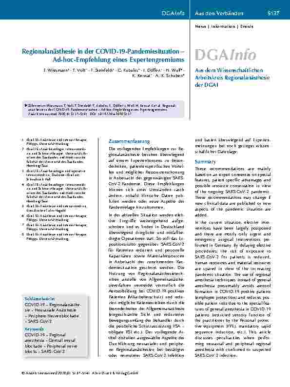 Vorschauseite 1: Regionalanästhesie in der COVID-19-Pandemiesituation: Ad-hoc-Empfehlung eines Expertengremiums